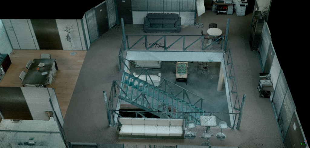 Point cloud of an office with stairs captured with the Viametris MS-96.